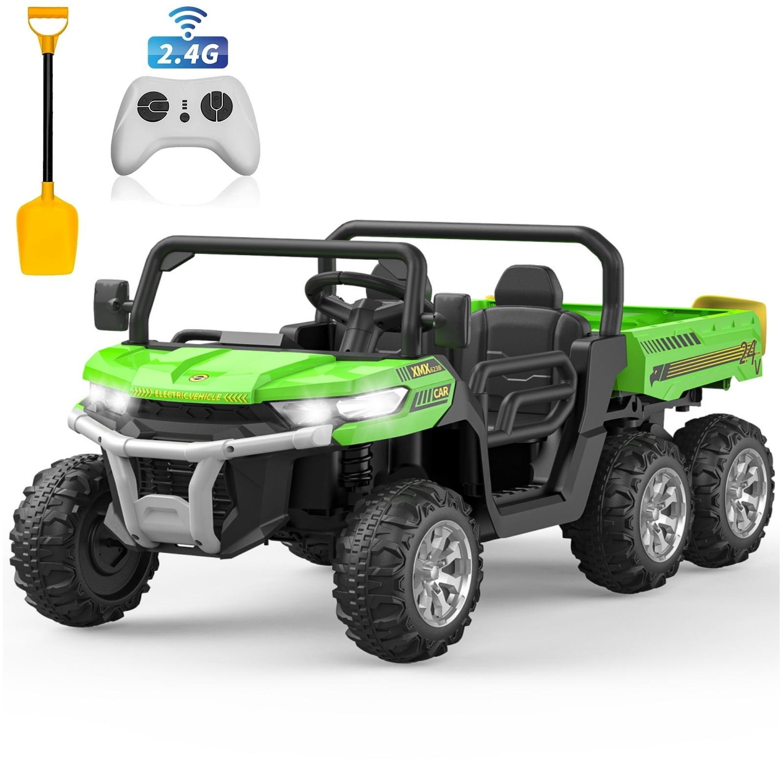 24V Ride on Toys with Remote Control, 2 Seater Electric Powered Ride on Dump Truck , 4WD 6-Wheel UTV Car w/ Tipping Bucket Trailer, Shovel, Suspension, Bluetooth Music, Big Kids, Green