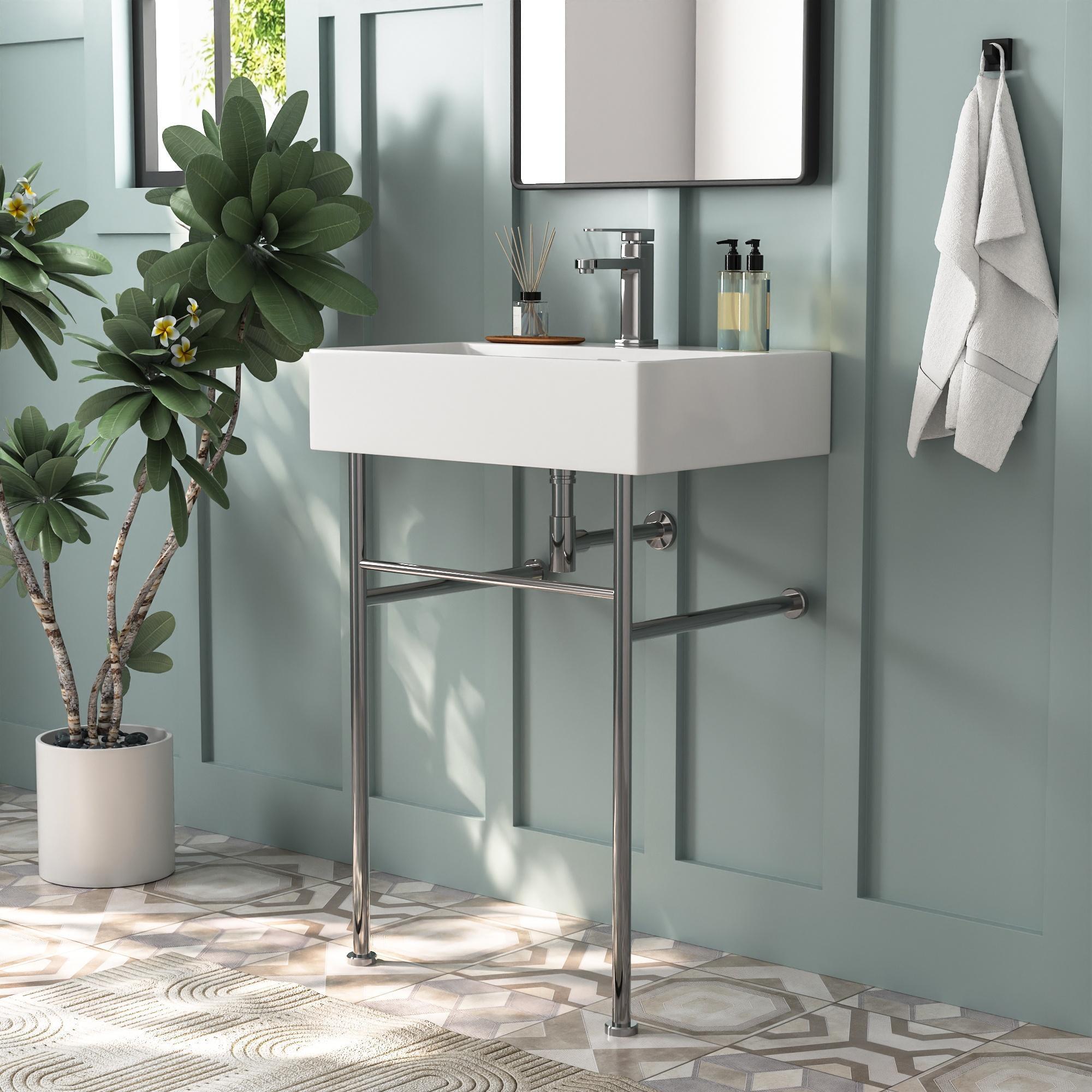 Ceramic White Rectangular Single Faucet Hole 24 in Console Bathroom Sink with Overflow
