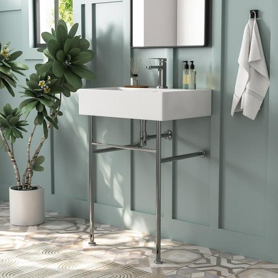 Ceramic White Rectangular Single Faucet Hole 24 in Console Bathroom Sink with Overflow