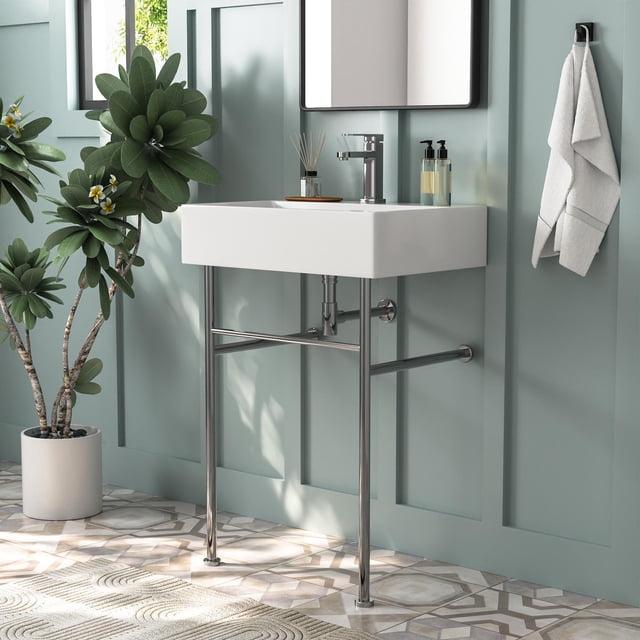 Ceramic White Rectangular Single Faucet Hole 24 in Console Bathroom Sink with Overflow