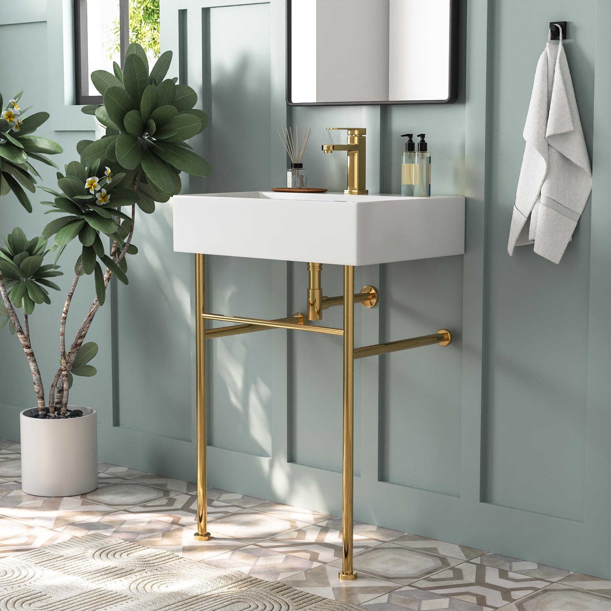 Ceramic White Rectangular Single Faucet Hole 24 in Console Bathroom Sink with Overflow
