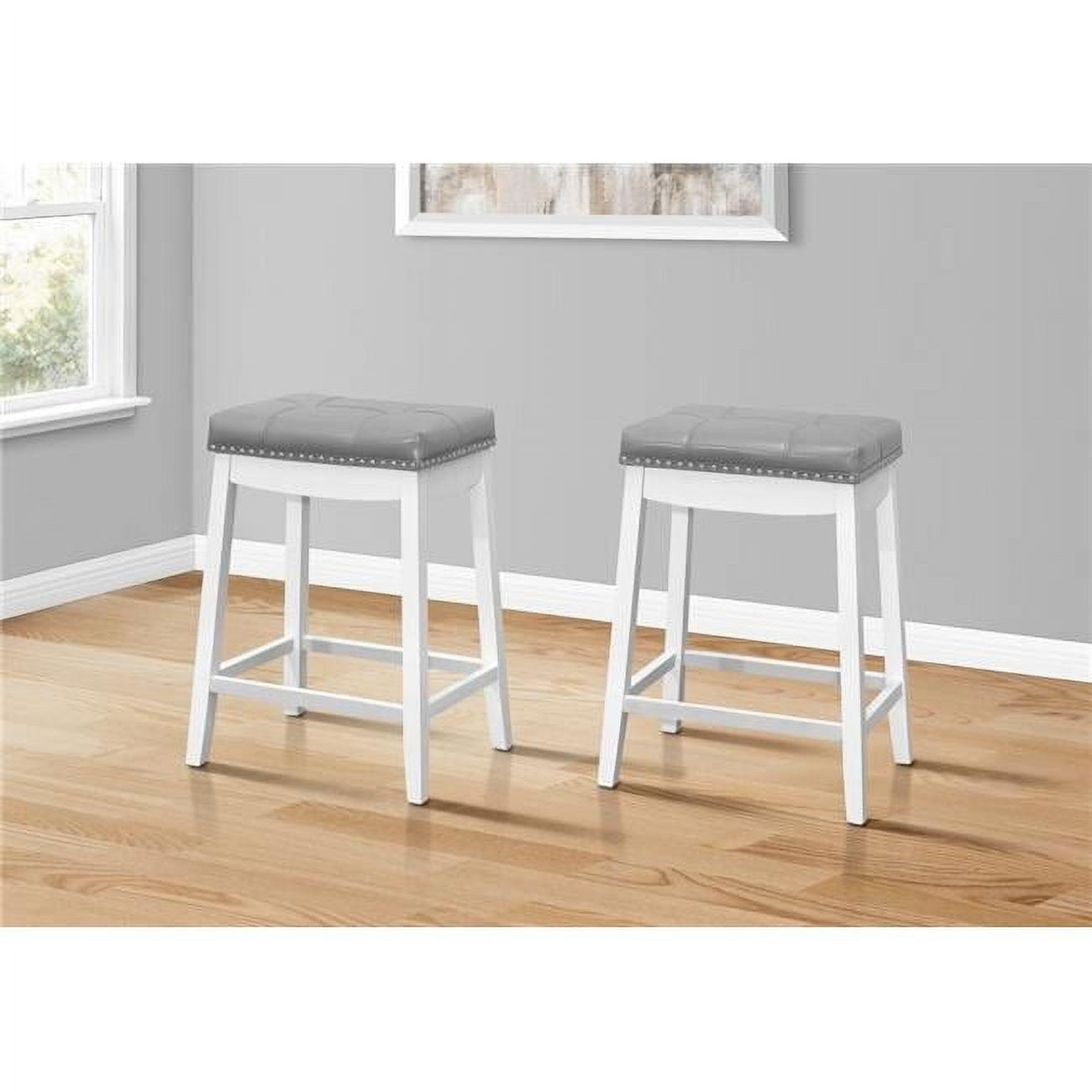 Monarch Specialties Bar Stool Set Of 2 Counter Height Saddle Seat Kitchen Wood Pu Leather Look White Grey Transitional