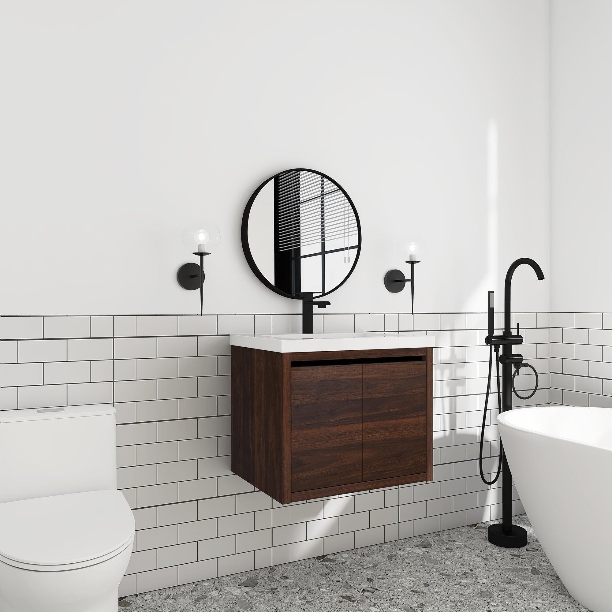 24 inch Bathroom Vanity with White Resin Top and Basin California  Walnut
