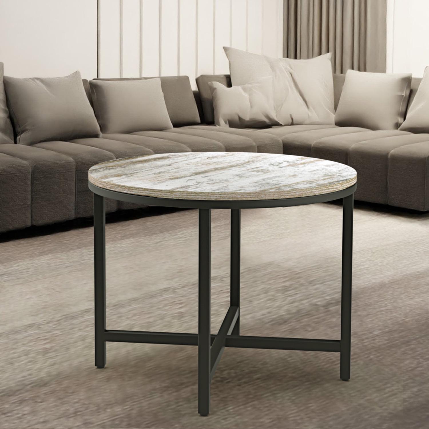 24-Inch Round Wood Coffee Table with Black Metal X-Base