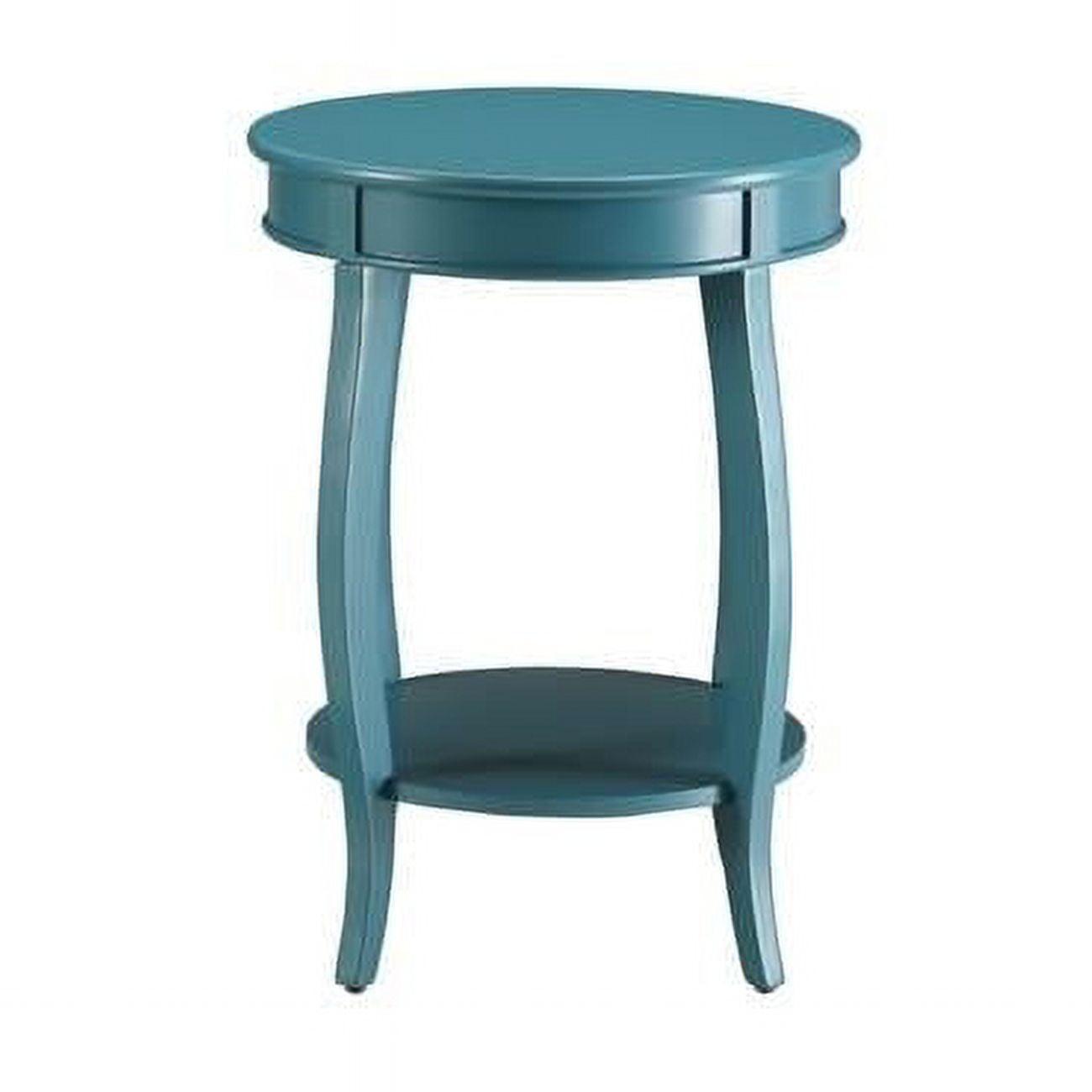 Teal Round Wooden Aberta Side Table with Stylized Legs and Shelf