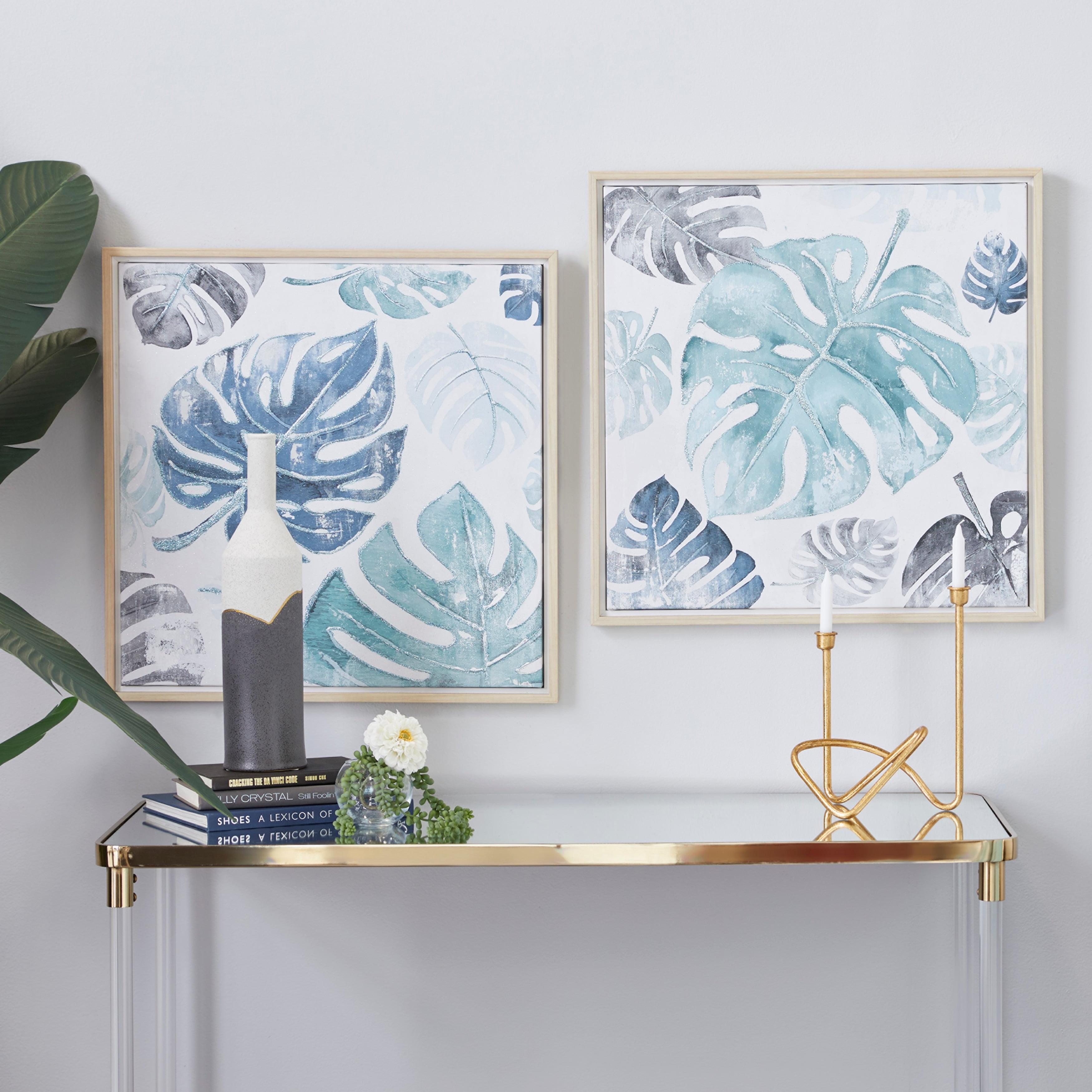 24" Blue and White Tropical Leaf Canvas Wall Art Set with Brown Frame