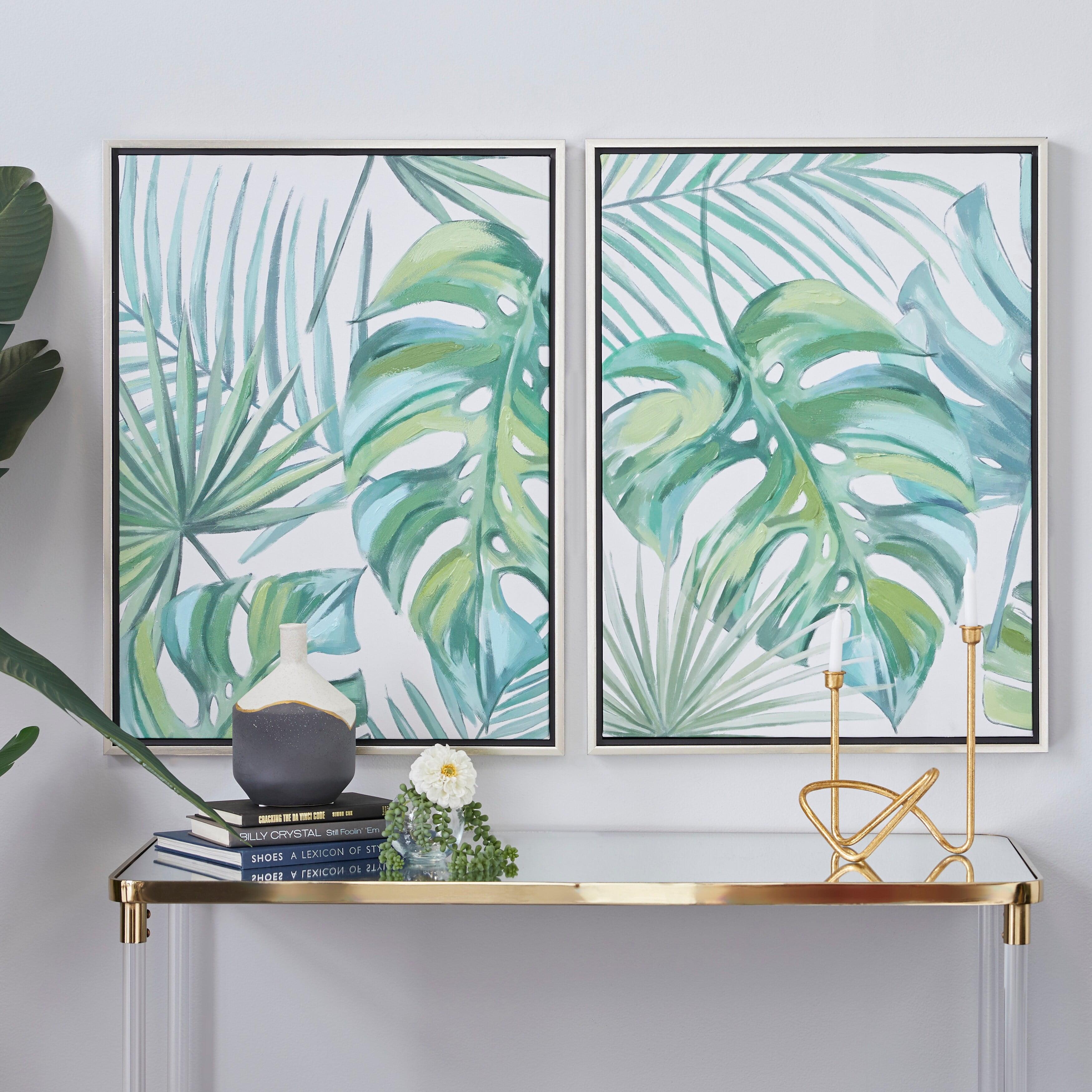 Green Tropical Leaf Framed Canvas Wall Art Set with Silver Frame