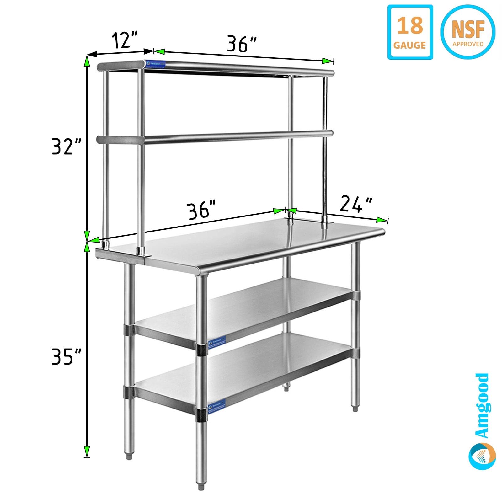 36" Long x 24" Deep" Stainless Steel Work Table With 12" Wide Double Tier Overshelf | Metal Kitchen Prep Table & Shelving Combo