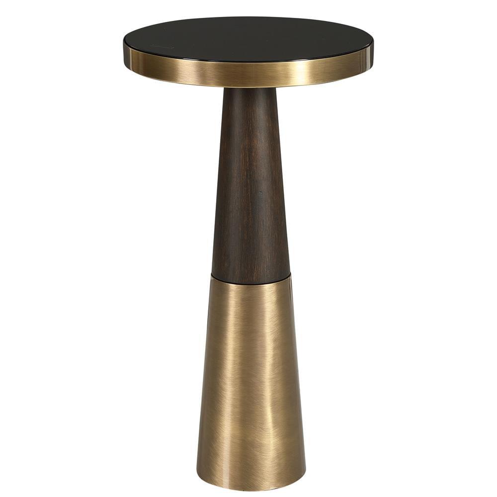 Contemporary Brass & Espresso Round Mirrored Drink Table