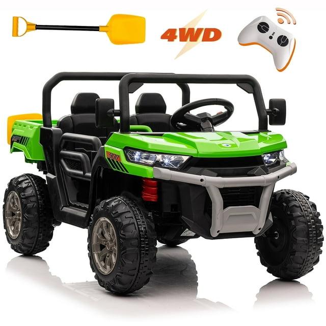 Funride 4WD 24 Volt Ride on Toys with Remote Control, 2 Seater Power Car Wheels UTV Toys, Ride on Truck Car w/ Electric Dump Bed, Shovel, Bluetooth Music
