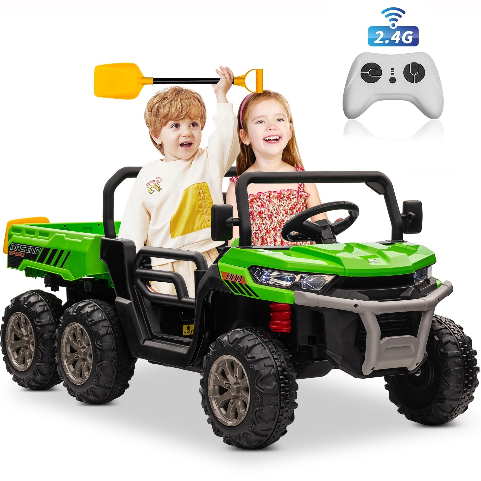 24V Ride on Toys with Remote Control, 2 Seater Electric Powered Ride on Dump Truck , 4WD 6-Wheel UTV Car w/ Tipping Bucket Trailer, Shovel, Suspension, Bluetooth Music, Big Kids, Green