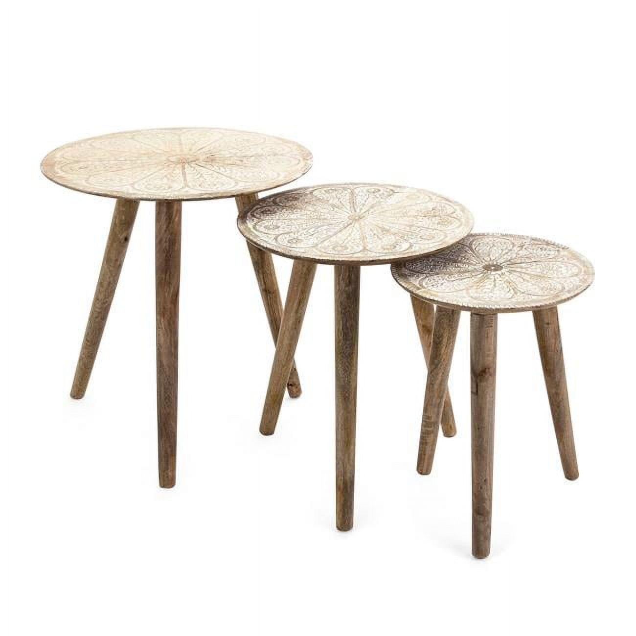 Mango Wood Round Nesting Tables with Floral Carvings, Set of 3