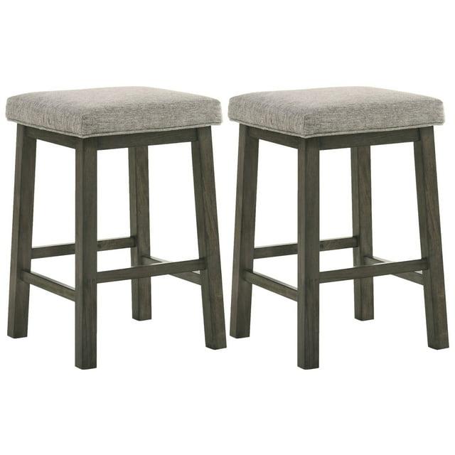 25 Inch Wooden Bar Stool with Fabric Seat, Set of 2, Gray