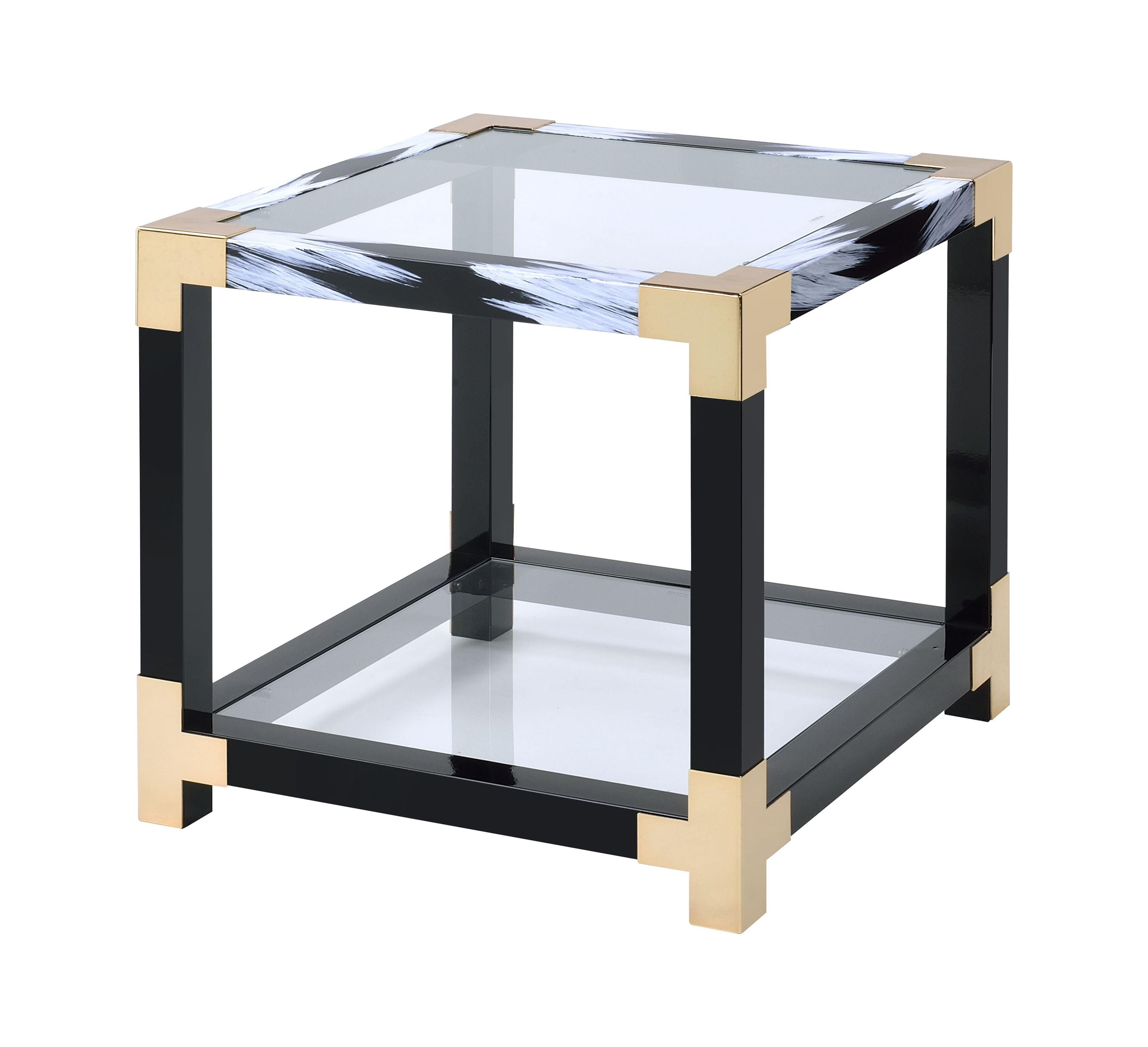 24" Brushed Gold and Clear Glass Mirrored End Table with Shelf