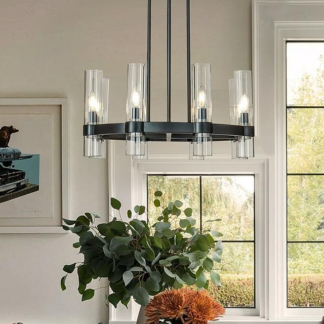 AloaDecor 8-Lights Modern Cylinder 25"  Wagon Wheel Matte Black Chandelier With Glass Accents - W:25.6"