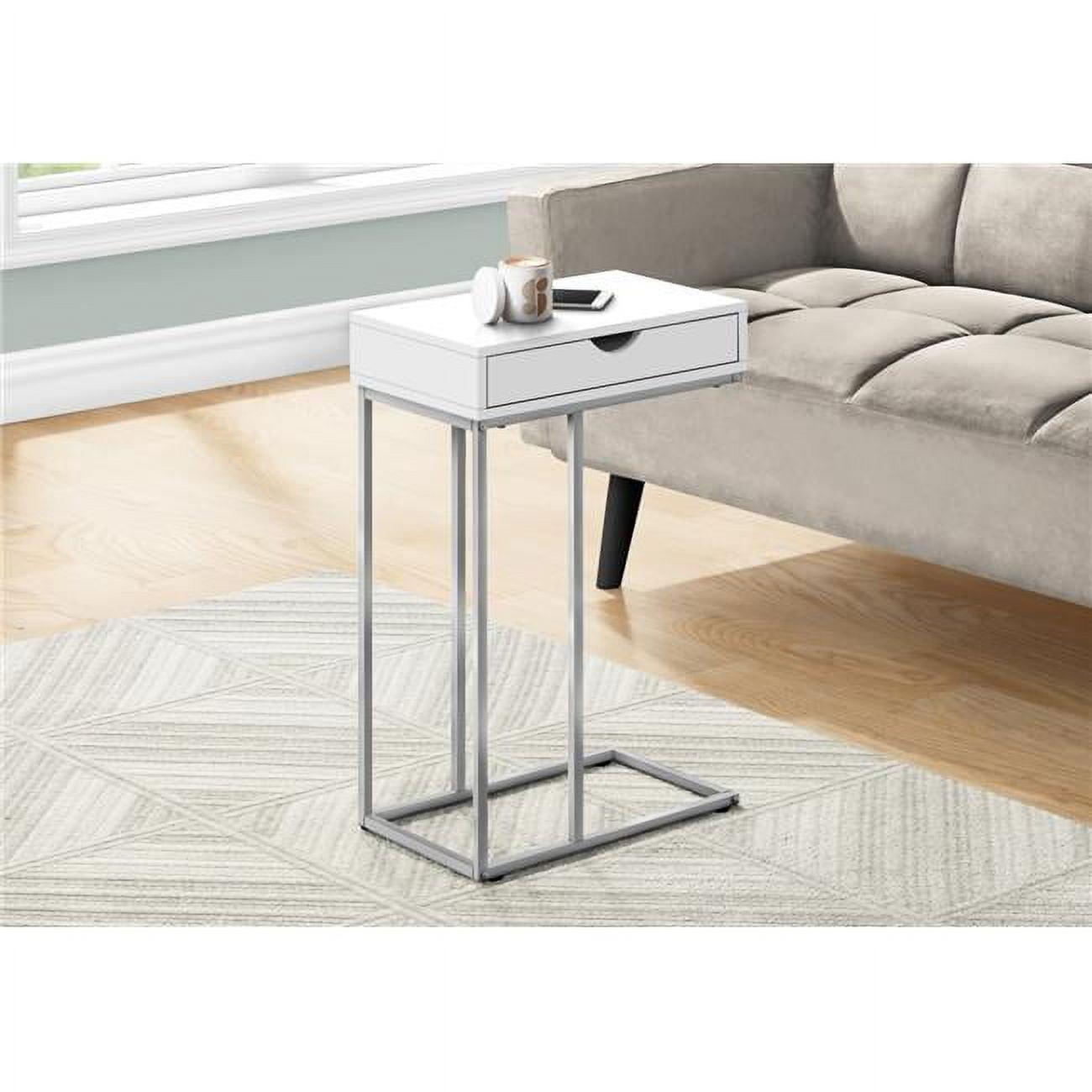 Transitional White and Silver C-Shaped Sofa Side Table with Storage Drawer