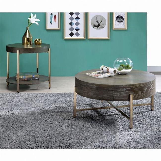 ACME Weyton Round Wood Top End Table in Light Brown and Champagne