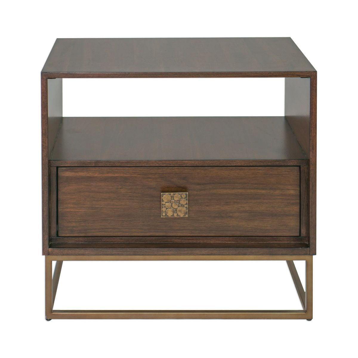 Walnut and Brass Rectangular Side Table with Storage