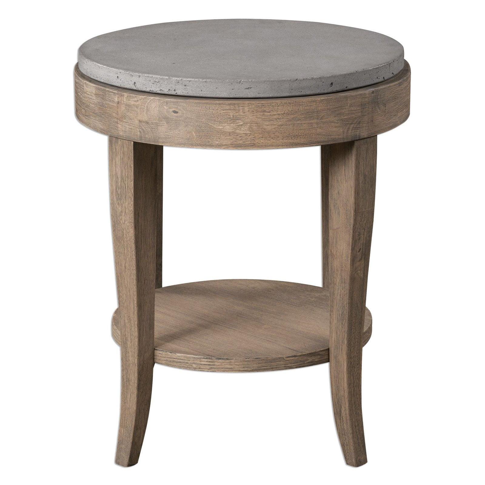 Deka Round Gray Concrete and Birch Wood Accent Table