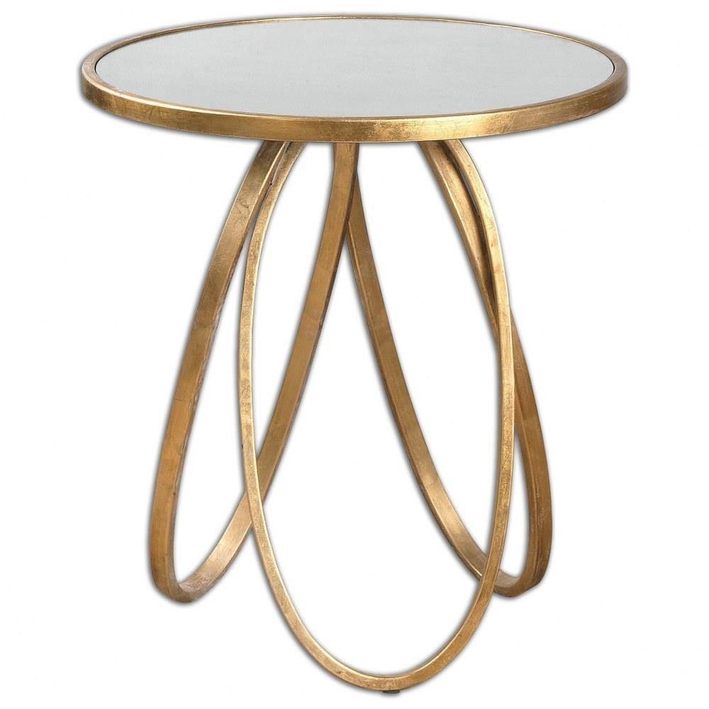 Gold Leaf Round Metal and Mirrored Accent Table