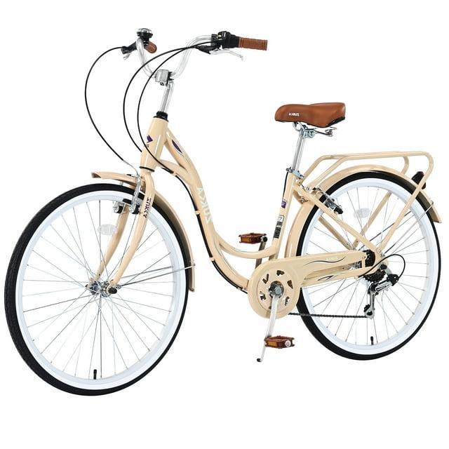 26" Womens Bike 7 Speeds Steel Frame Beach Cruiser Bike Comfort Ladies City Bike, Beige