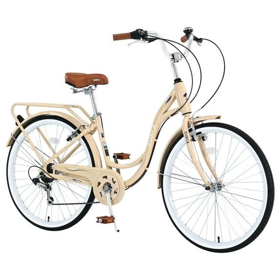 26" Womens Bike 7 Speeds Steel Frame Beach Cruiser Bike Comfort Ladies City Bike, Beige