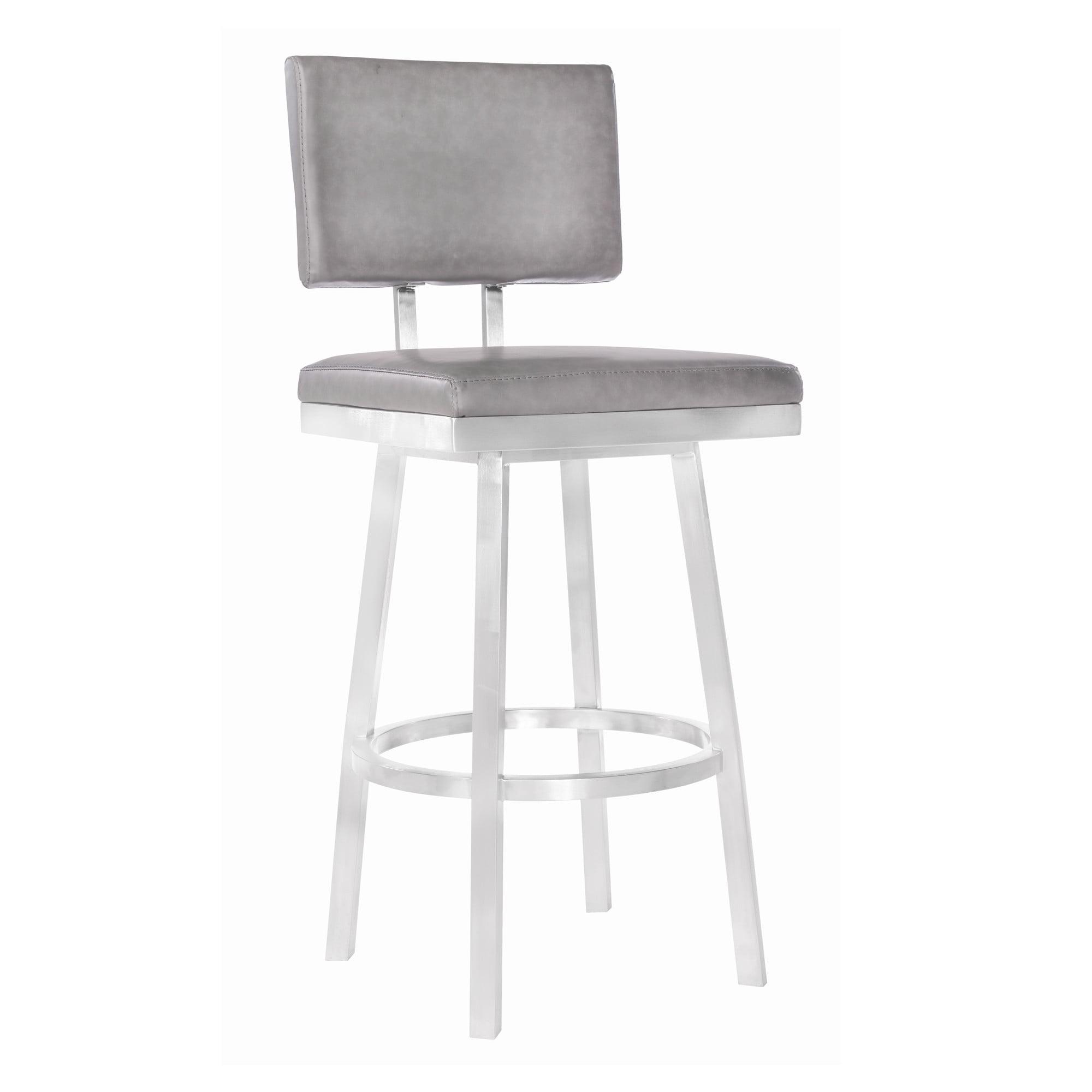 Transitional Gray Leather Swivel Barstool with Metal Base, 39.5"