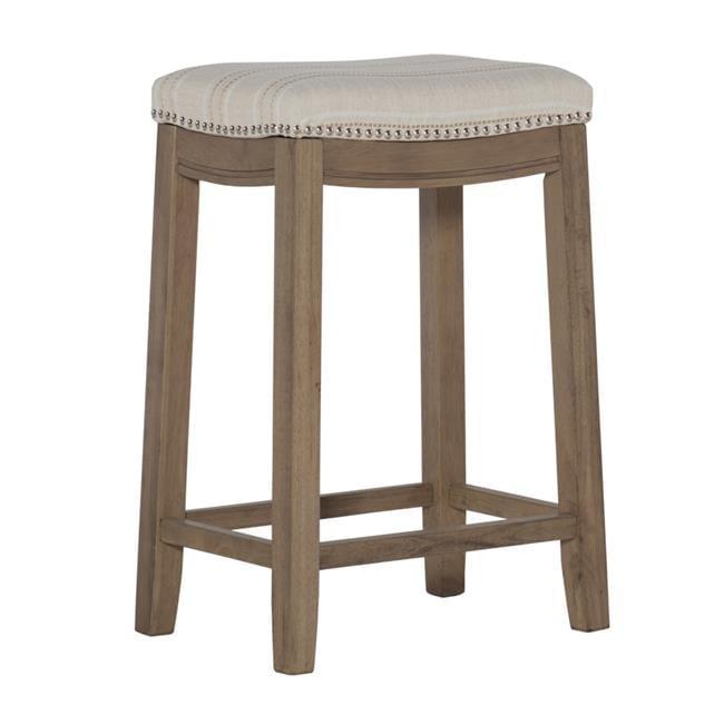 Natural Wood Backless Saddle Counter Stool with Striped Linen Seat