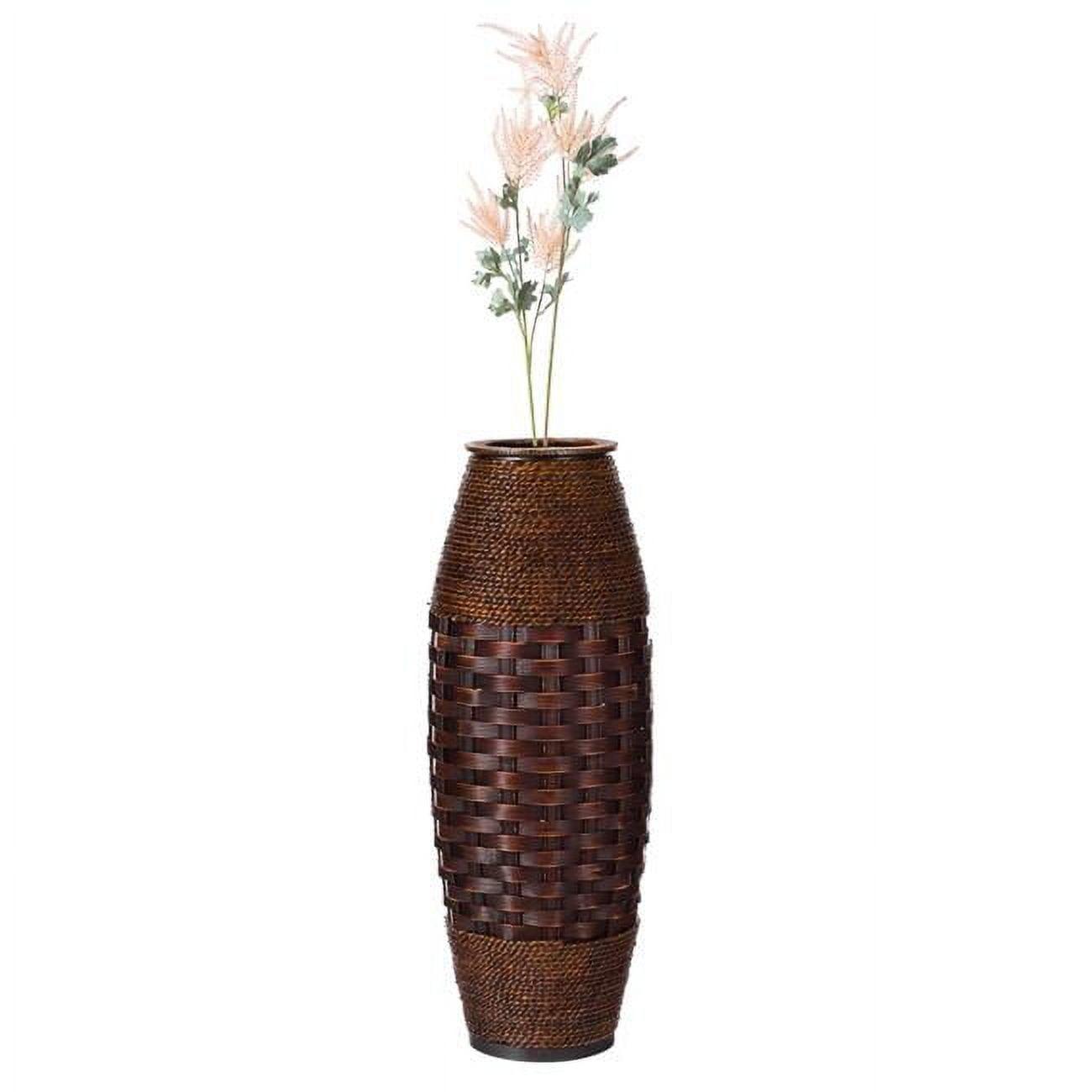 Antique Cylinder Style Floor Vase For Entryway or Living Room, Bamboo Rope, Brown 26" Tall