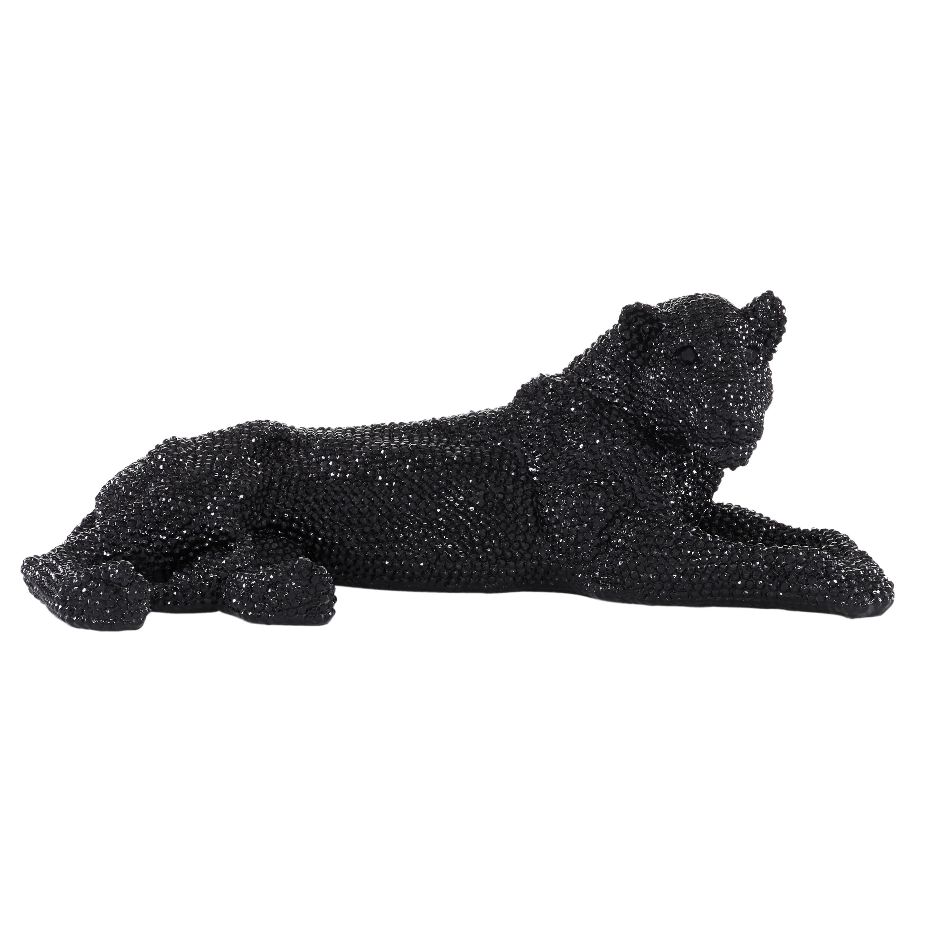 Black Polystone Leopard Sculpture with Rhinestone Accents