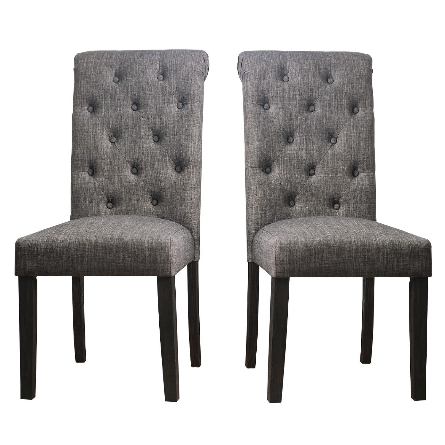 27 Inch Fabric Dining Chair, Button Tufted Rolled Back, Wood, Gray - Saltoro Sherpi