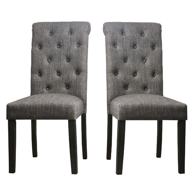 27 Inch Fabric Dining Chair, Button Tufted Rolled Back, Wood, Gray - Saltoro Sherpi