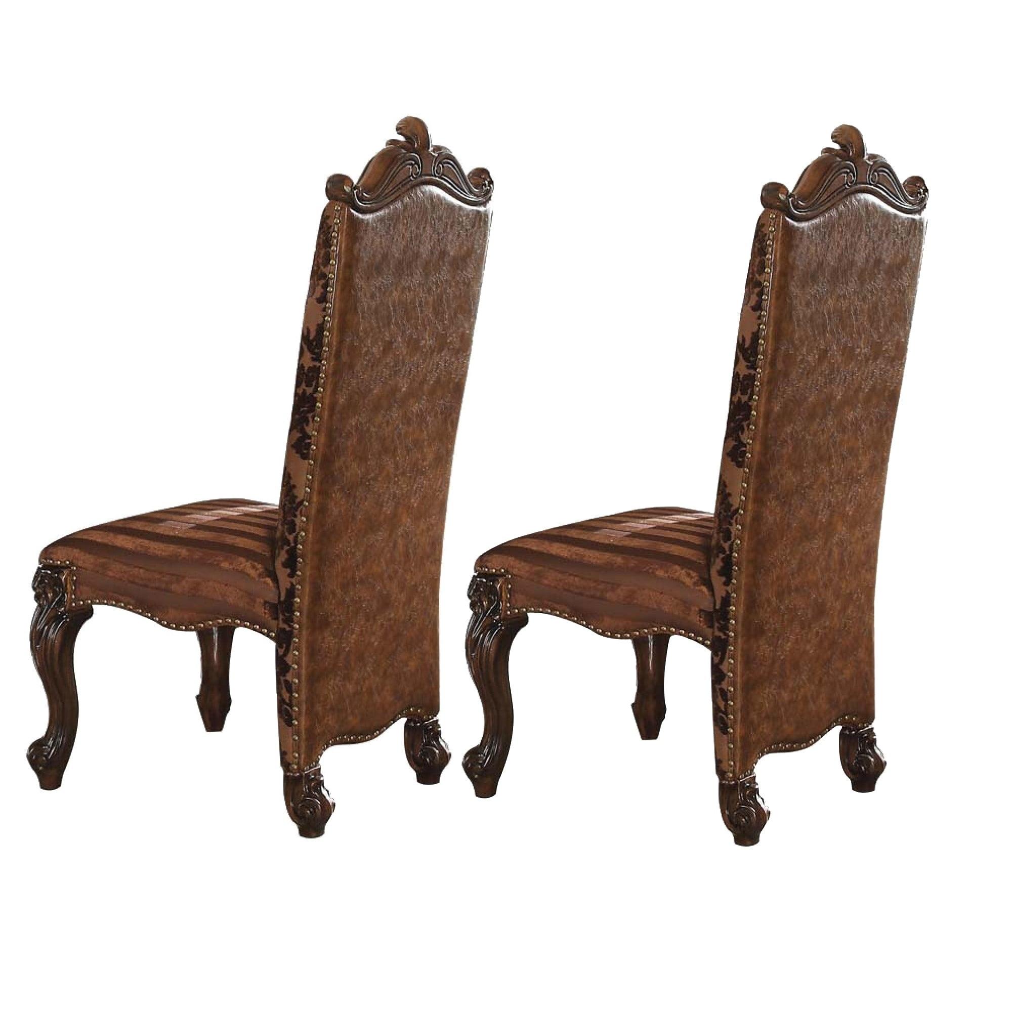 22" Versailles Dining Chair Two Tone Light Brown Synthetic Leather /Fabric and Cherry Oak Finish - Acme Furniture: Elegant Traditional Design