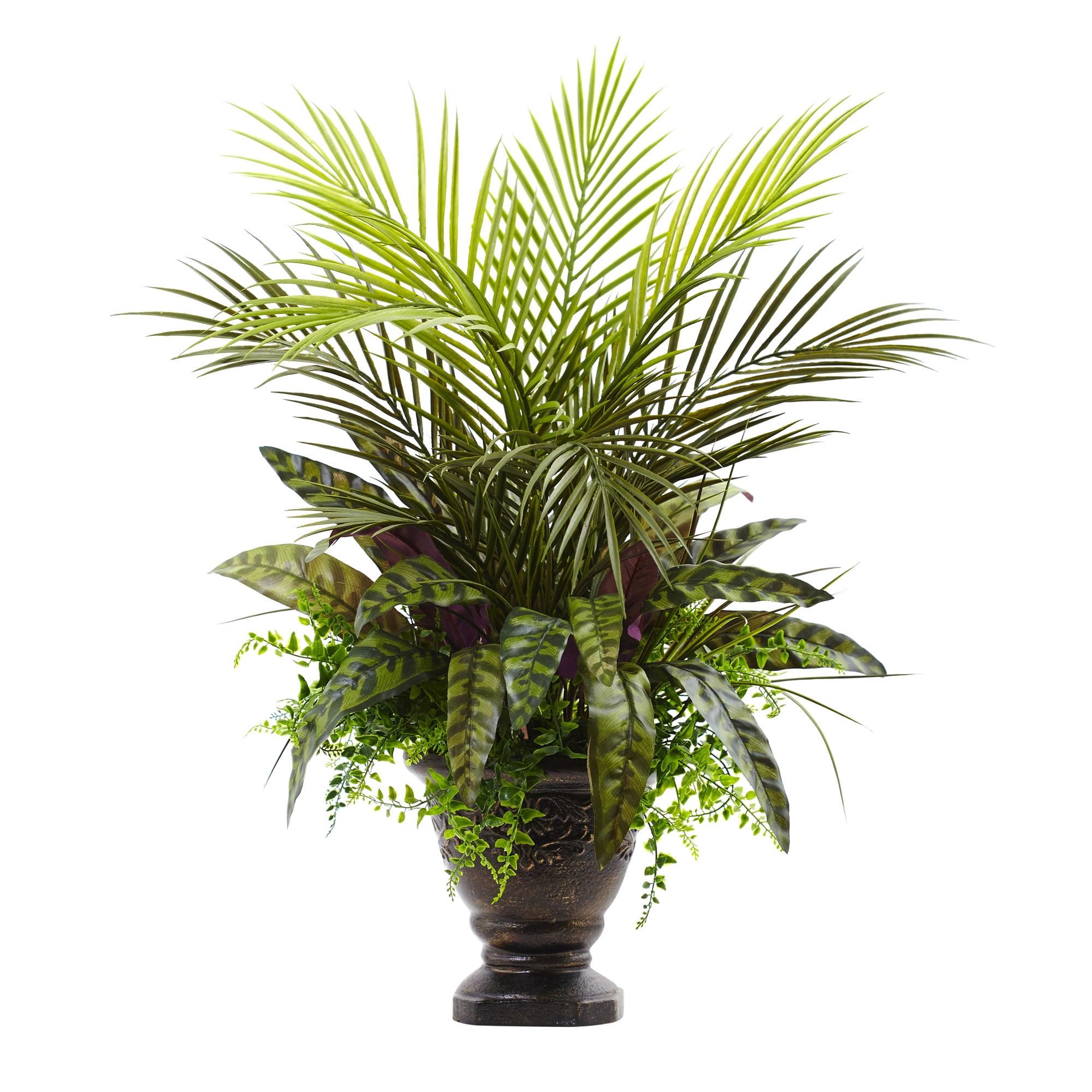 Nearly Natural 27" Plastic/Polyester Mixed Areca Palm, Fern & Peacock Artificial Plant with Planter, Green