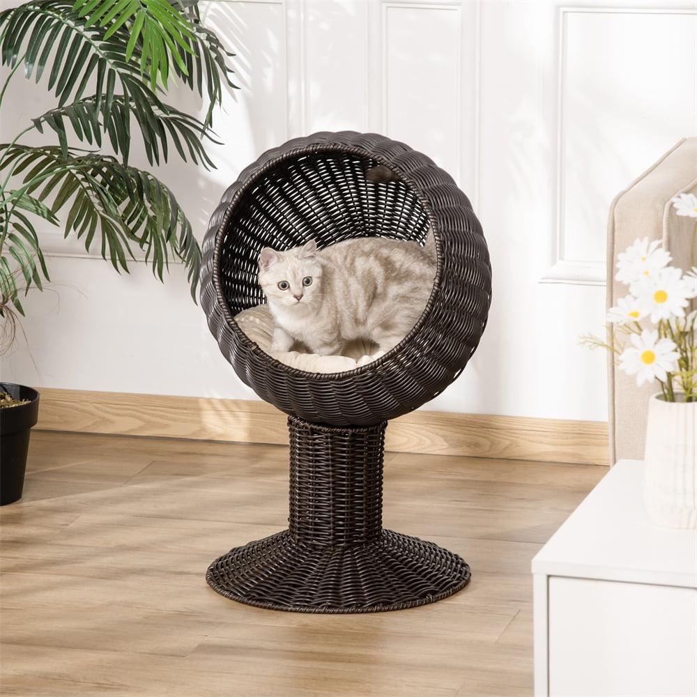 27" Brown Rattan Wicker Elevated Cat House with Cushion