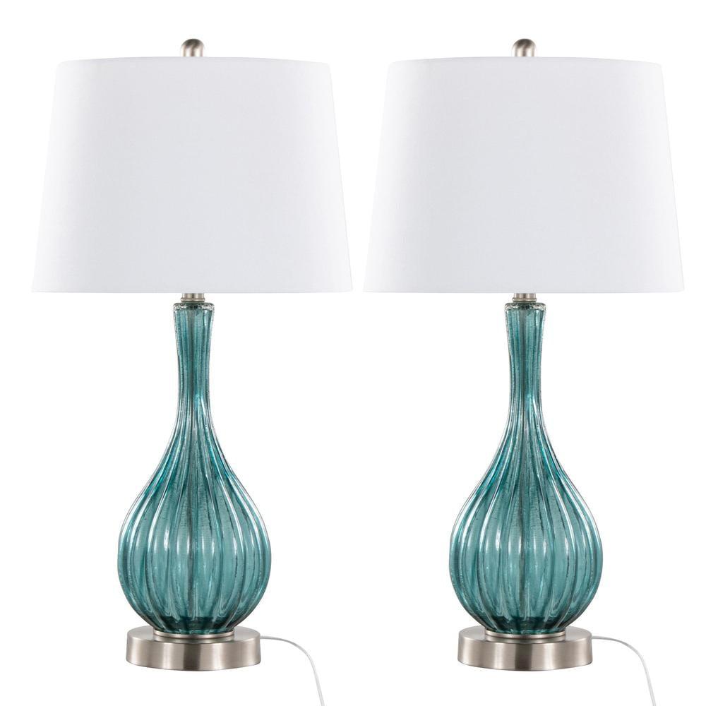 LumiSource Jenny 27" Table Lamps: Brushed Nickel Accents, Linen Drum Shade, UL Listed