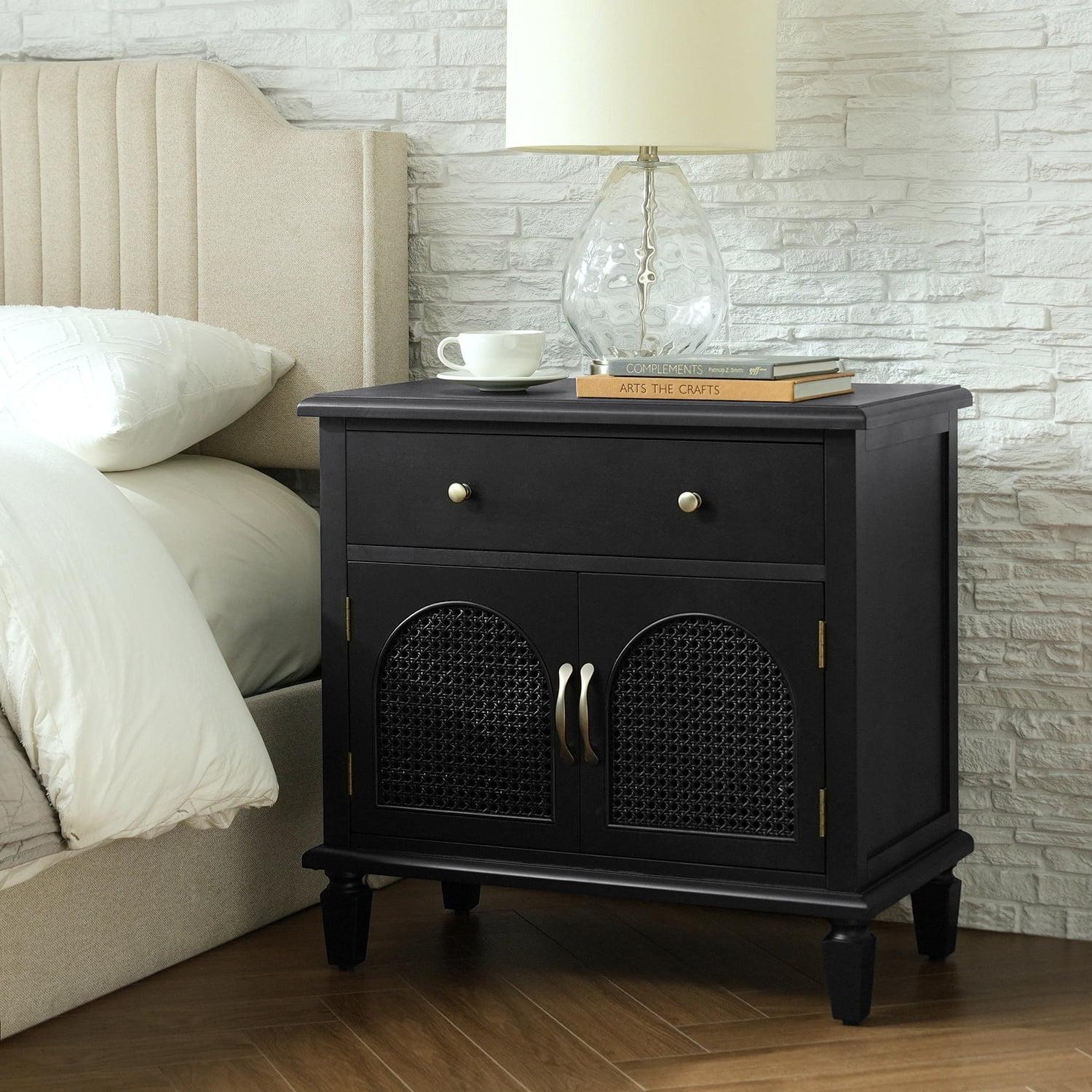 Dyals Traditional 27"Tall Nightstand Design Rattan Cabinet Doors with Built-in Power Outlet and Adjustable Shelf