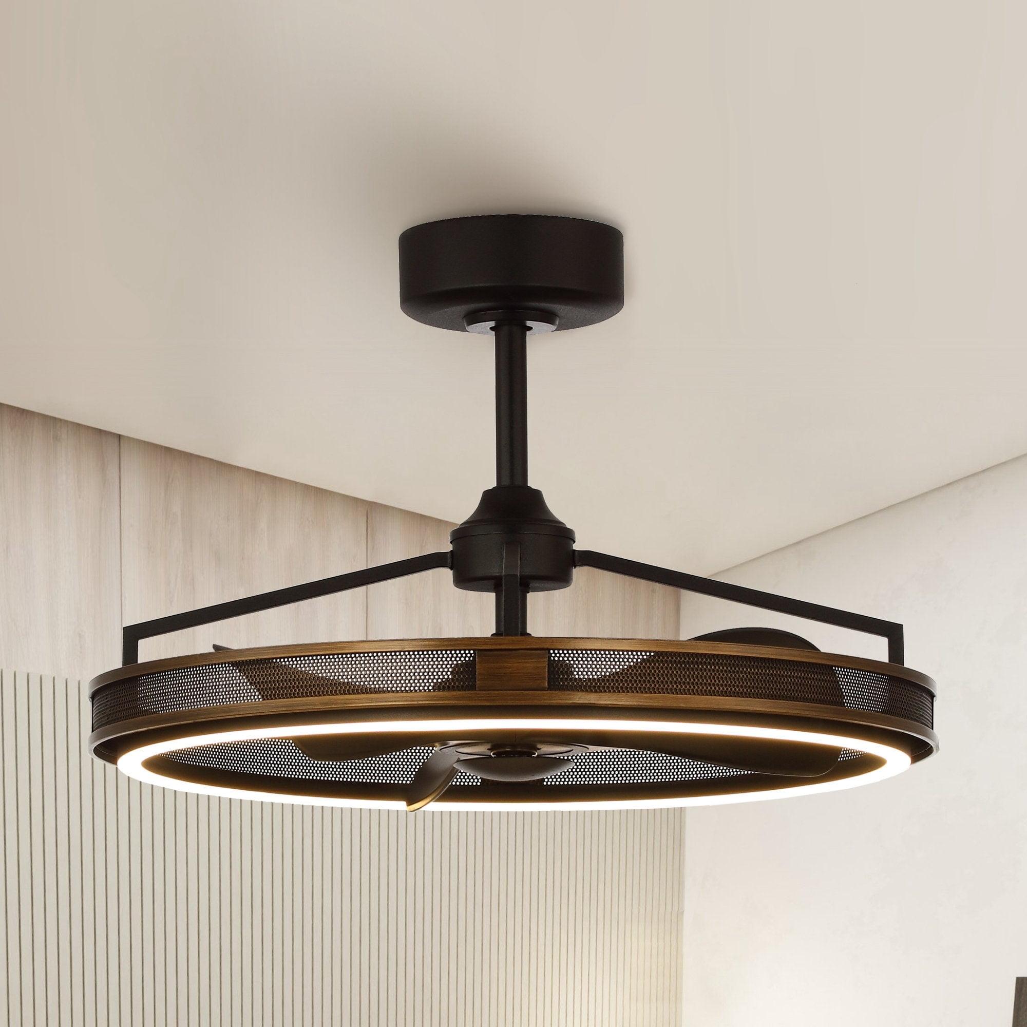 27-inch Industrial Bronze Mesh Caged Bladeless Ceiling Fan with LED Light and Remote