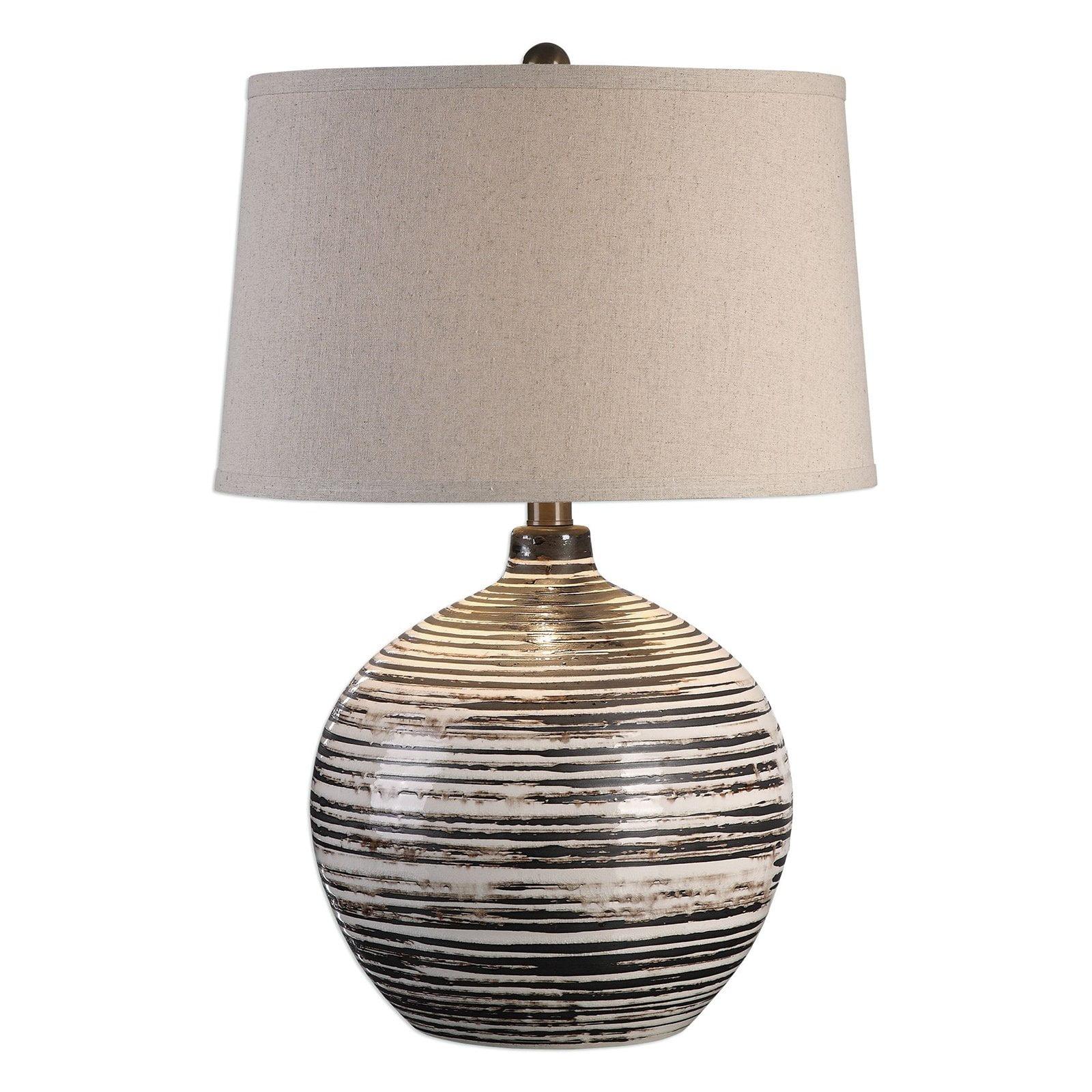 Mocha Bronze Ceramic Striped Table Lamp with Oatmeal Shade