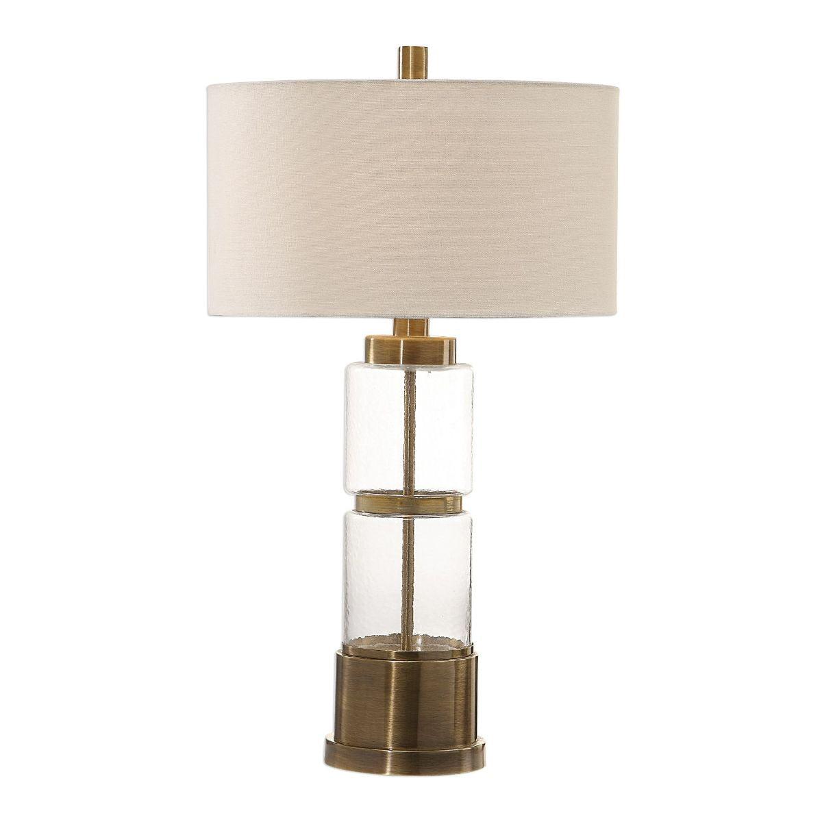 Vaiga Clear Glass and Brass Table Lamp with White Drum Shade