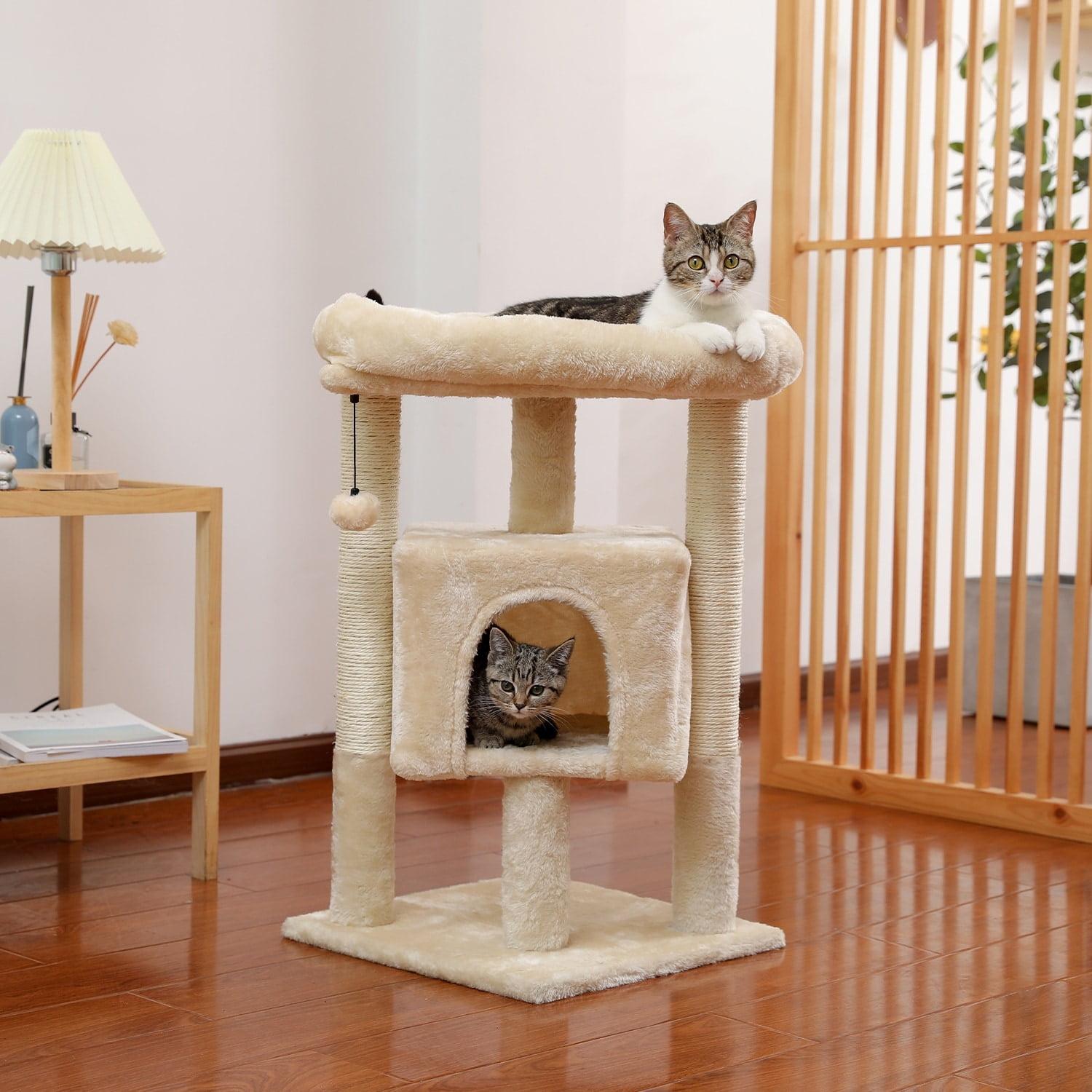 28.4 Inches Small Cat Tree for Indoor Cats Polyester Plush Cat Tower with Beige Condos, Spacious Perch,Scratching Sisal Posts Beige