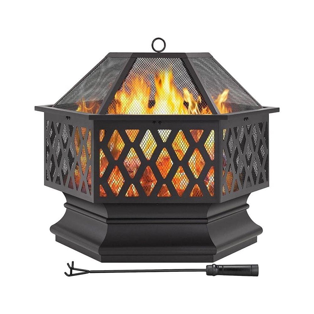 Hexagon Black Metal 28" Fire Pit with Mesh Lid and Poker