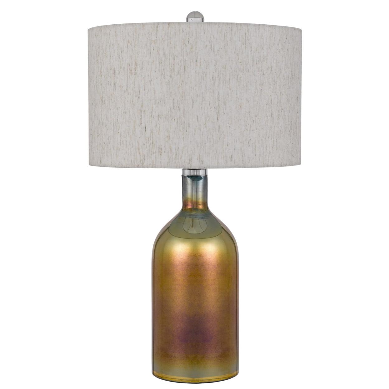28 Inch Glass Bottle Table Lamp, Drum Shade, Dimmer, Bronze- Saltoro Sherpi