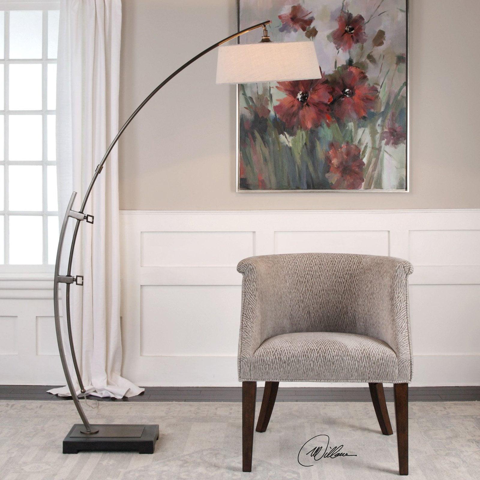 Calogero Dark Bronze Adjustable Arc Floor Lamp with Beige Linen Shade