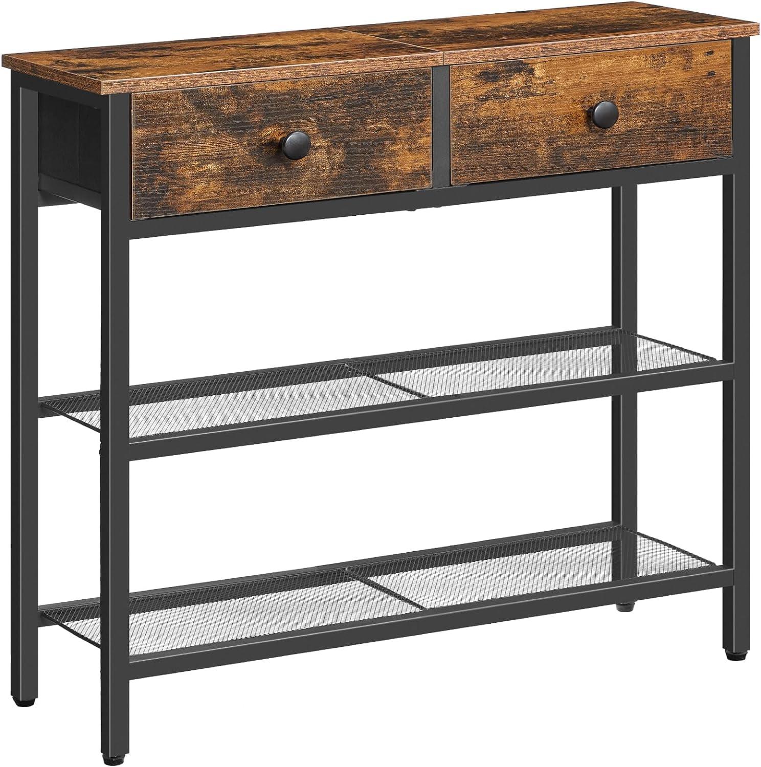 29.5" Narrow Console Table with 2 Fabric Drawers, Small Entryway Table with 3-Tier Storage Shelves, Thin Sofa Table, Side Table, for Living Room, Hallway, Rustic Brown and Black