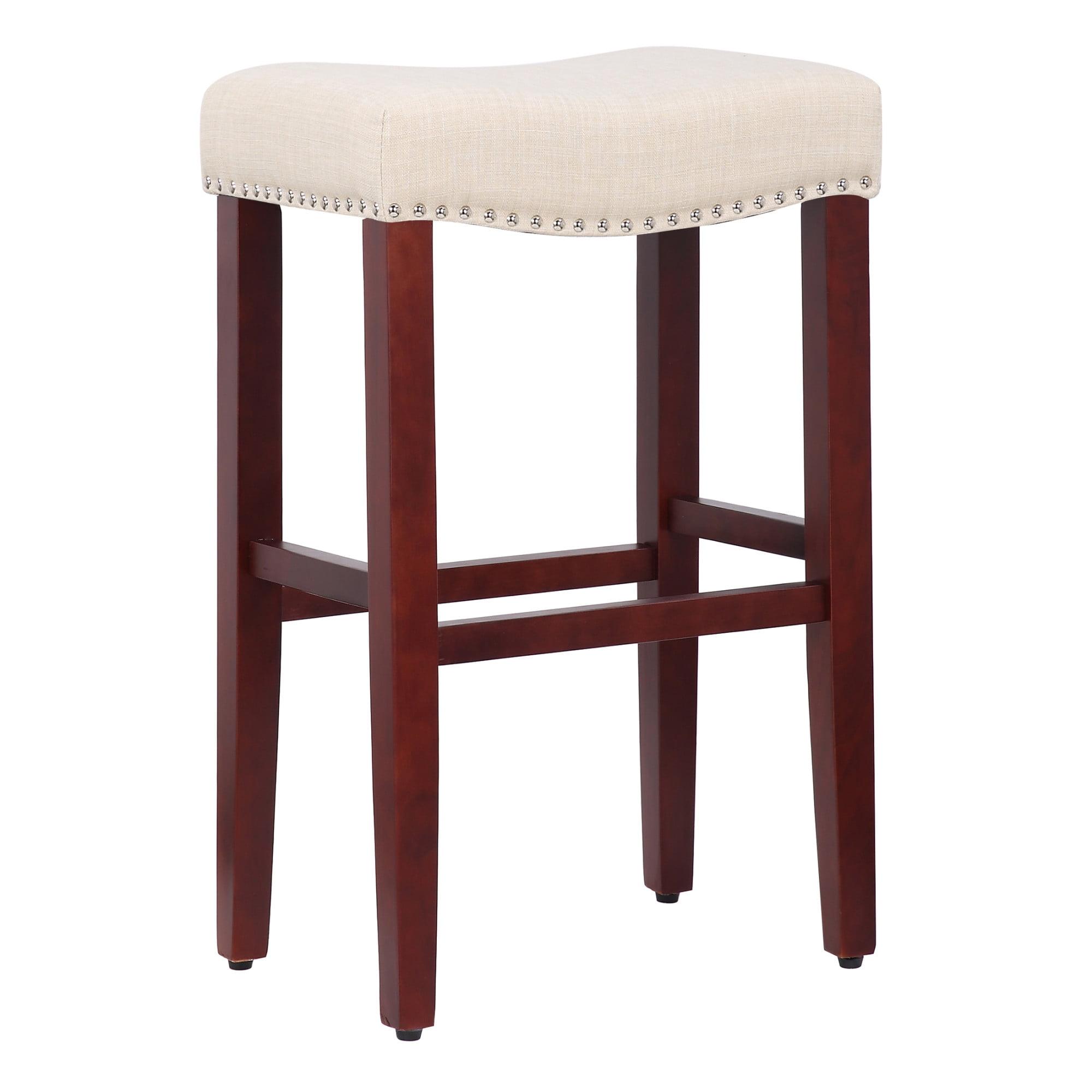 29" Beige Upholstered Backless Saddle Wood Bar Stool