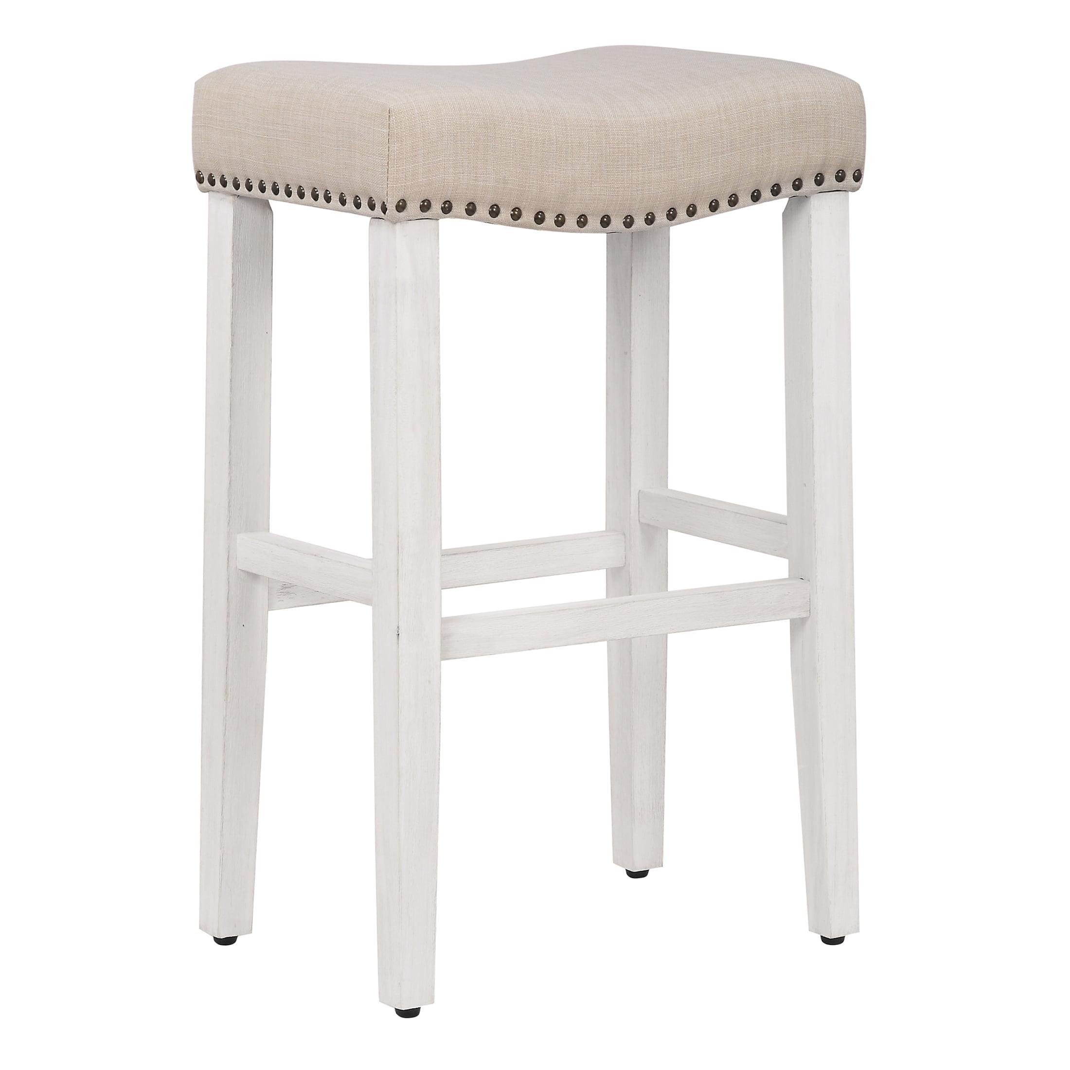 29" Upholstered Nail Head Counter Stool, Antique White/Beige