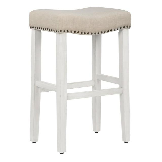 29" Upholstered Nail Head Counter Stool, Antique White/Beige
