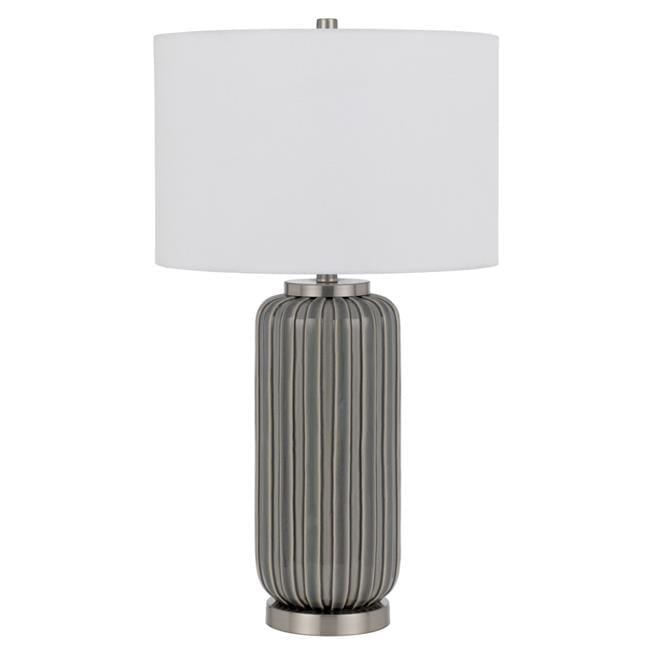 Benjara 29 Inch Ceramic Curved Table Lamp with Stripes, Dimmer, Grey