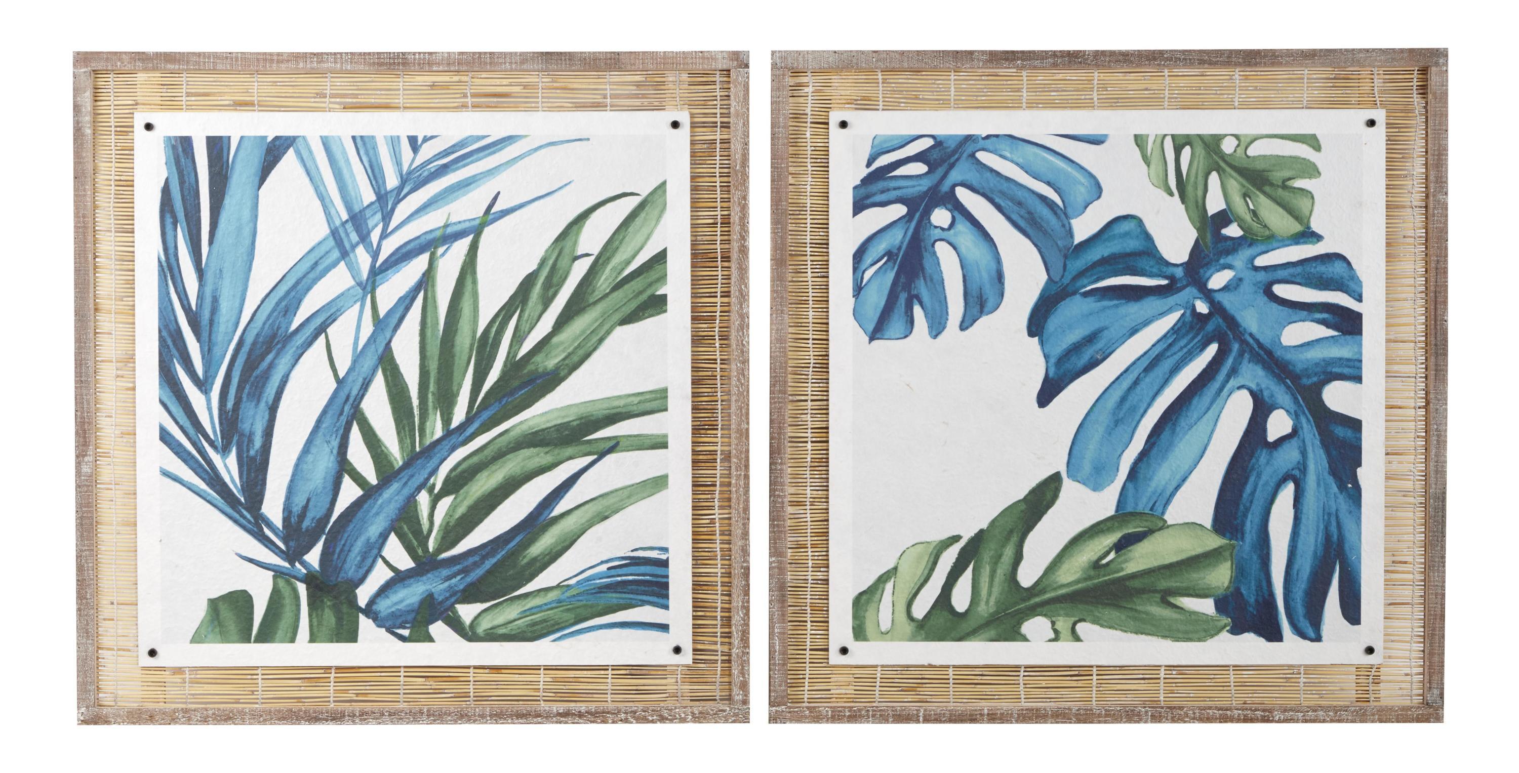 Dried Plant Leaf Framed Wall Art with Brown Frame Set of 2 Blue - Olivia & May: Modern Abstract Artwork, Wood Frames, Vertical Display